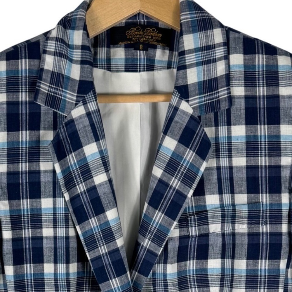 Brooks Brothers Madras Plaid Two Button Blazer Womens 8 Blue White Jacket  USA